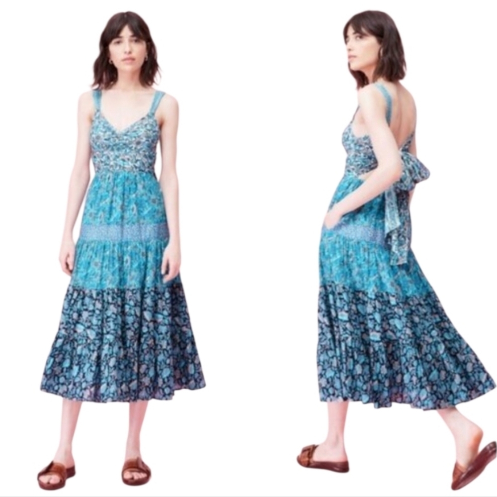 Rebecca Taylor La Vie Print Mix Floral Tie Back Boho Midi Dress In Blue Sz XL - Picture 3 of 12